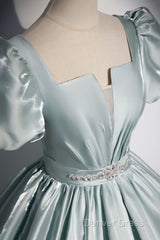Cute Satin Floor Length Prom Dresses, A-Line Short Sleeve Evening Party Dresses