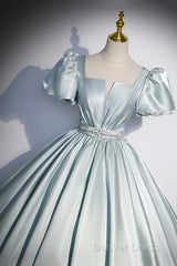 Cute Satin Floor Length Prom Dresses, A-Line Short Sleeve Evening Party Dresses