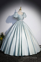 Cute Satin Floor Length Prom Dresses, A-Line Short Sleeve Evening Party Dresses
