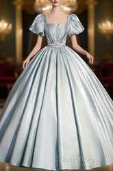 Cute Satin Floor Length Prom Dresses, A-Line Short Sleeve Evening Party Dresses