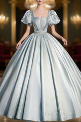 Cute Satin Floor Length Prom Dresses, A-Line Short Sleeve Evening Party Dresses