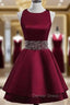 Cute Satin Knee Length Cross Back Beaded Prom Dress, Homecoming Dresses