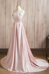 Cute Satin Long A-Line Pink Prom Dresses, Spaghetti Straps Evening Dresses