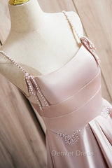 Cute Satin Long A-Line Pink Prom Dresses, Spaghetti Straps Evening Dresses