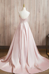 Cute Satin Long A-Line Pink Prom Dresses, Spaghetti Straps Evening Dresses