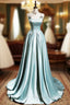 Cute Satin Long A-Line Prom Dresses, Ice Blue Spaghetti Straps Evening Dresses