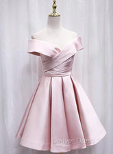 Cute Satin Pink Sweetheart Off Shoulder Knee Length Party Dresses, Short Prom Dresses