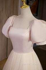 Cute Satin Tulle Long Prom Dresses, A-Line Short Sleeve Evening Dresses