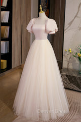 Cute Satin Tulle Long Prom Dresses, A-Line Short Sleeve Evening Dresses
