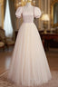 Cute Satin Tulle Long Prom Dress, A Line Short Sleeve Prom Dresses