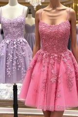 Cute Scoop Neck Lace Prom Homecoming Dresses, Short Lace Formal Evening Dresses