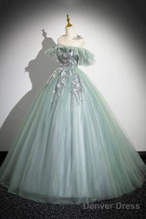 Cute Scoop Neckline Tulle Long Prom Dress With Lace, A-Line Off The Shoulder Evening Party Dress