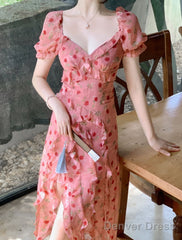 Cute Sheath V Neckline Ruffled Pink Chiffon Floral Beach Dress WomenS Vacation Dresses