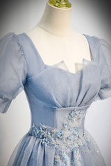 Cute Shiny Tulle Long Prom Dresses, A-Line Short Sleeve Evening Party Dresses