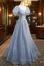 Cute Shiny Tulle Long Prom Dress, A Line Short Sleeve Prom Dresses