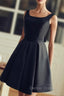 Cute Short Black Satin Knee Length Homecoming Dress, Black Prom Dresses