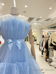 Cute Short Blue Tulle Party Dress With Bow, Lovely Formal Dresses Homecoming Dress
