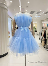 Cute Short Blue Tulle Party Dress With Bow, Lovely Formal Dresses Homecoming Dress