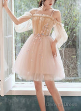 Cute Short Off Shoulder Tulle With Flowers Party Dress, Short Homecoming Dresses