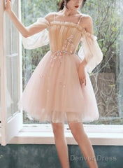 Cute Short Off Shoulder Tulle With Flowers Party Dress, Short Homecoming Dresses