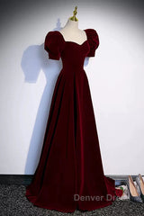 Cute Short Sleeves Burgundy Long Prom Dresses