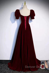 Cute Short Sleeves Burgundy Long Prom Dresses