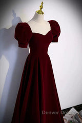Cute Short Sleeves Burgundy Long Prom Dresses