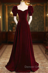 Cute Short Sleeves Burgundy Long Prom Dresses