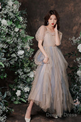 Cute Short Sleeves Layers Tulle Long Party Dress, A-Line Prom Dresses