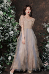 Cute Short Sleeves Layers Tulle Long Party Dress, A-Line Prom Dresses