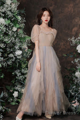 Cute Short Sleeves Layers Tulle Long Party Dress, A-Line Prom Dresses