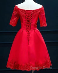 Cute Short Sleeves Satin Knee Length Party Dresses, Short Homecoming Dresses