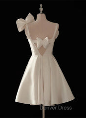 Cute Short White Satin Knee Length Party Dresses with Bow, White Graduation Dresses