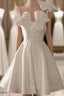 Cute Short White Satin Knee Length Prom Dress with Bow, White Graduation Dresses