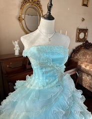 Cute Sky Blue A-Line Strapless Tulle Beaded Long Prom Dress Sequined Layered Adult Ceremony Dress