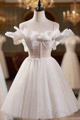 Cute Spaghetti Strap Tulle Lace Homecoming Dresses, Off Shoulder Short Prom Dresses