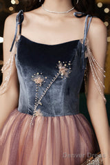 Cute Spaghetti Strap Tulle Long Prom Dress, A-Line Evening Party Dress