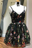 Cute Straps Embroidered Black Floral Homecoming Dresses