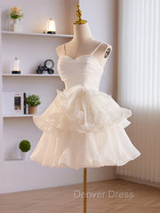 Cute Sweetheart Neck Organza White Prom Dresses, White Homecoming Dresses