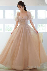 Cute Tulle Beaded Long Prom Dress, A-Line Short Sleeve Evening Dress With Bow