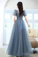 Cute Tulle Floor Length Prom Dress With Beaded, A-Line V-Neck Evening Dress