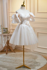 Cute Tulle Lace Homecoming Dresses, Off Shoulder Short Prom Dresses
