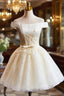 Cute Tulle Lace Knee Length Prom Dress, Champagne Off the Shoulder Prom Dresses