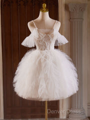 Cute Tulle Lace Light Champagne Short Prom Dresses, Cut Homecoming Dresses