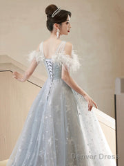 Cute Tulle Lace Long Prom Dress, Light Blue Tulle Off Shoulder Evening Dress