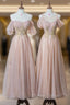 Cute Tulle Lace Tea Length Prom Dress, Pink A Line Prom Dresses