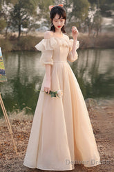 Cute Tulle Long A-Line Prom Dresses, Champagne Lace-Up Party Dresses