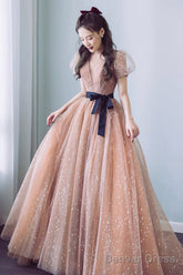 Cute Tulle Long Prom Dress With Bow, A-Line Evening Graduation Dress