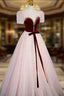 Cute Tulle Long Prom Dress with Velvet, A Line Short Sleeve Prom Dresses