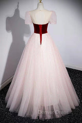Cute Tulle Long Prom Dresses with Velvet, A-Line Short Sleeve Evening Dresses
